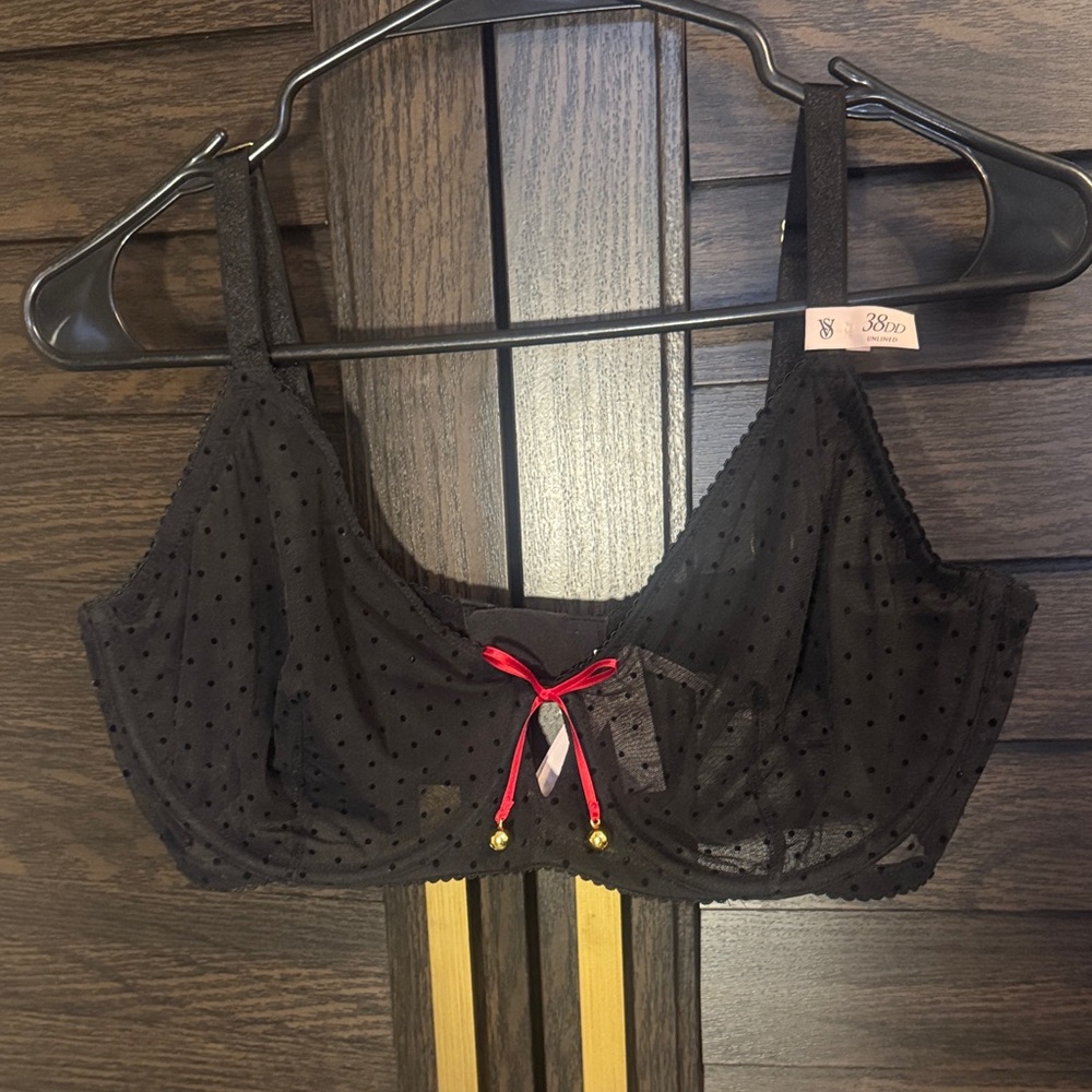 Victoria Secret Very Sexy Black Sheer Polka Dot Bra with Red Bow NWT